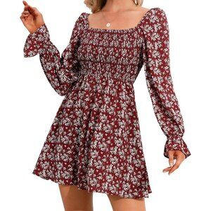 EXLURA Womens Square Neck Long Sleeve Dress High Waist Off Shoulder Red L